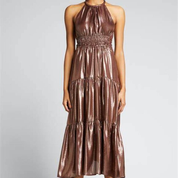 ALC Elara Tiered Silk Metallic Bitter Chocolate Maxi Dress - Picture 2 of 9